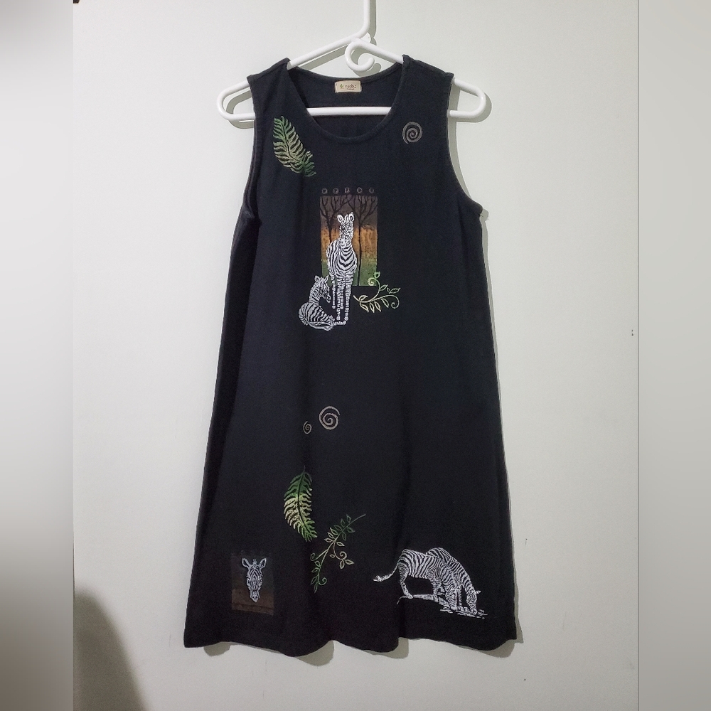 Cactus Zebra Dress Medium Black Sleeveless Cotton Safari Animal Print A Line Mid